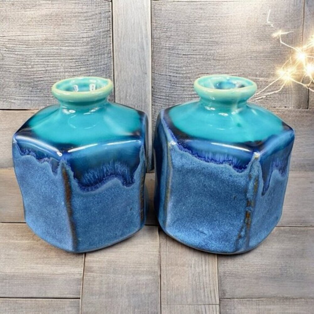 Kotobuki Peppercorn Hexagon Vase Set 2 Made in Japan W Tags Blue Green Glaze VTG